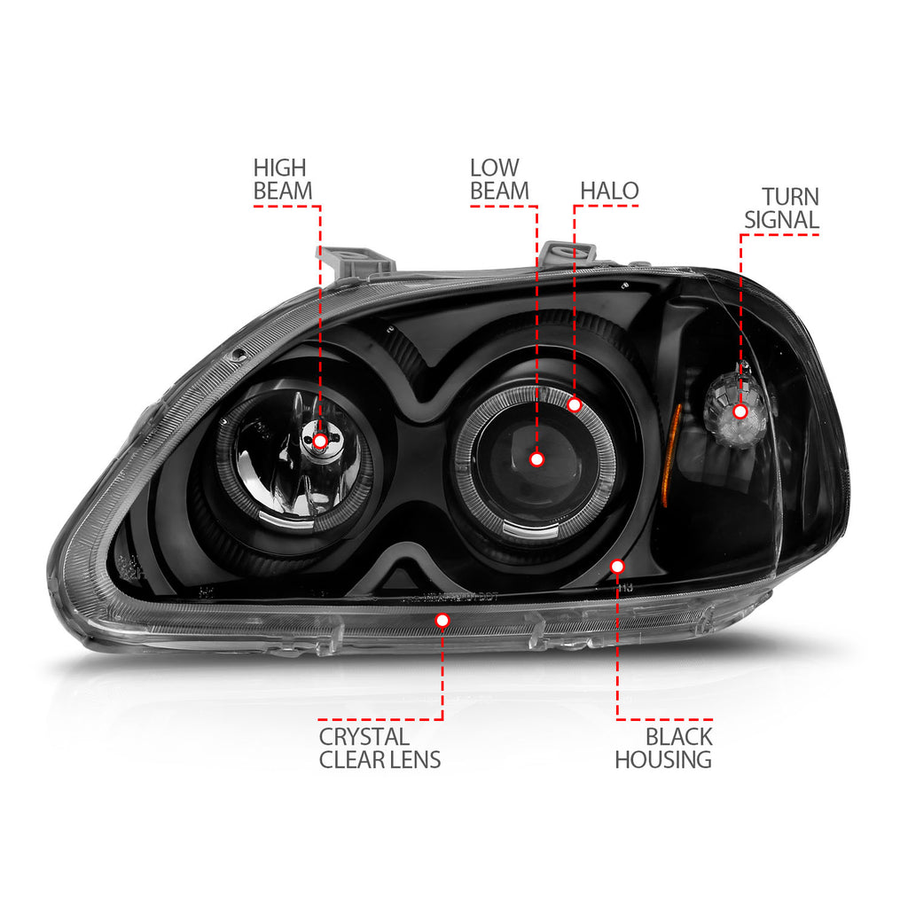ANZO USA 121068 Projector Headlight Set w/Halo for Select Honda Civic