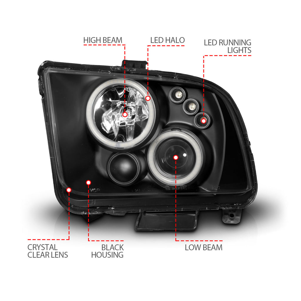 ANZO USA 121166 Projector Headlight Set w/Halo for Select Ford Mustang