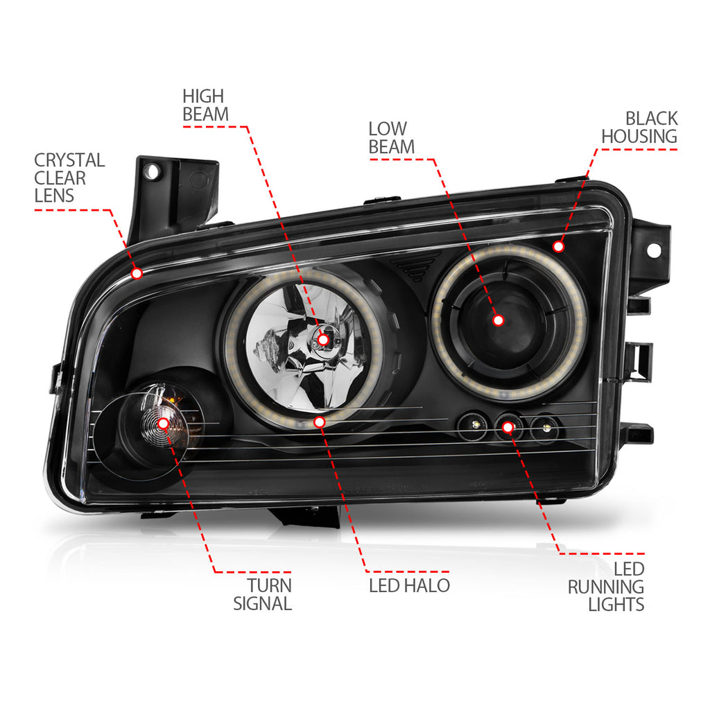 ANZO USA 121218 Projector Headlight Set w/Halo for Select Dodge Charger