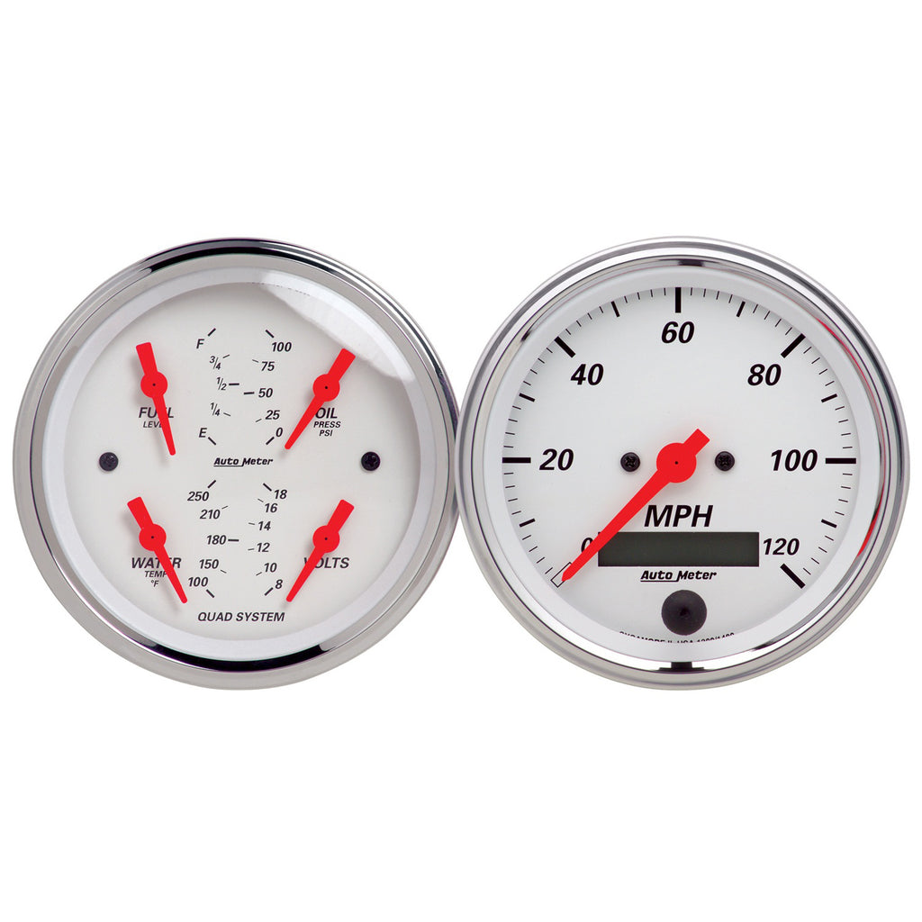 AutoMeter 1308 GAUGE KIT, 2 PC., QUAD & SPEEDOMETER, 3 3/8", ARCTIC WHITE