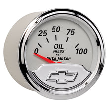 Load image into Gallery viewer, AutoMeter 1327-00408 GAUGE, OIL PRESS, 2 1/16", 100PSI, ELEC, CHEVROLET HERITAGE BOWTIE