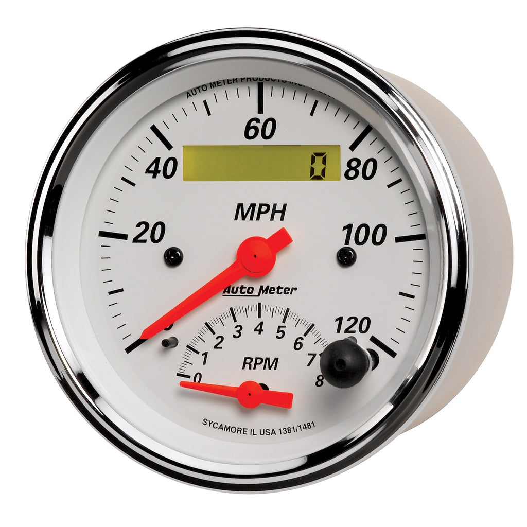 AutoMeter 1381 GAUGE, TACH/SPEEDO, 3 3/8", 120MPH & 8K RPM, ELEC. PROGRAM., ARCTIC WHITE