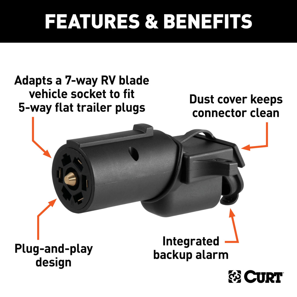 CURT 57725 Adapter with Backup Alarm (7-Way RV Blade Vehicle to 5-Way Flat Trailer) - Truck Part Superstore