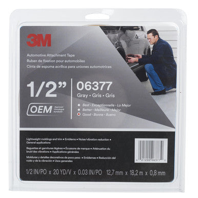 3M 06377 Automotive Attachment Tape, Gray, 0.76 mm, 1/2 in x 20 yd