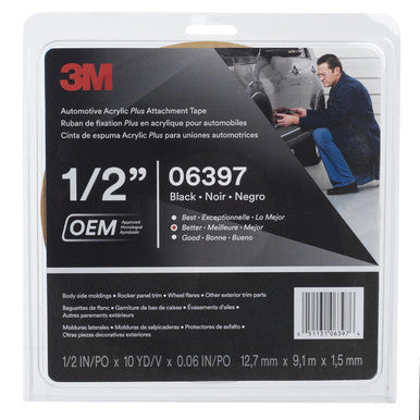3M 06397 Automotive Acrylic Plus Attachment Tape, Black, 1.52 mm, 1/2 in x 10 yd