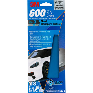 3M 31580-8 Blue Sandpaper, 3-2/3 in X 9 in, 600 G, 8 Pack