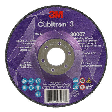 3M 90007 Cubitron 3 Depressed Center Grinding Wheel, 36+, T27, 5 in x 1/4 in x 7/8 in (125x6x22.23mm) ANSI