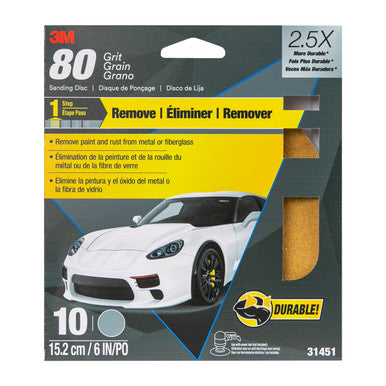 3M 31451 Sanding Discs with Stikit Attachment, 6 in, 80 grit, 10 Pack