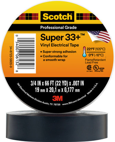 3M 06132 Scotch® Super 33+ Vinyl Electrical Tape, 3/4 in x 66 ft, Black
