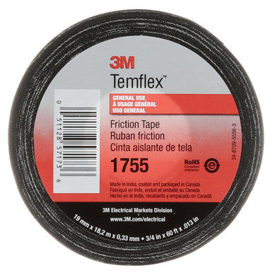 3M 1755-3/4X60 Temflex Cotton Friction Tape 1755, 3/4 in x 60 ft, Black