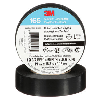 3M 92568 Temflex Vinyl Electrical Tape 165, Black, 3/4 in x 60 ft x .006 in