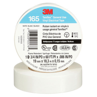 3M 165WH4A Temflex Vinyl Electrical Tape 165, White, 3/4 in x 60 ft (19 mm x 18 m), 6 mil
