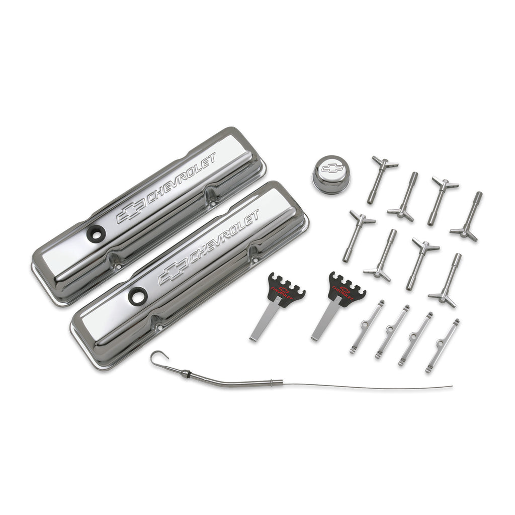Proform 141-002 Chrome with Stamped Chevy Logo for Select Chevrolet 3B, Chevrolet 3C, Chevrolet 3D, Chevrolet 3E, Chevrolet 3F, Chevrolet 3G, Chevrolet Bel Air, Chevrolet Biscayne, Chevrolet Blazer, Chevrolet Brookwood, Chevrolet C10, Chevrolet C10