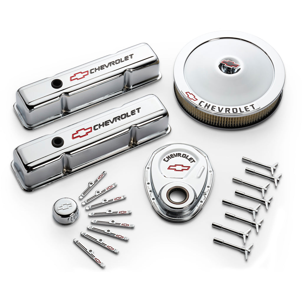 Proform 141-900 Chrome w/Red Chevy Logo for Select Chevrolet 3B, Chevrolet 3C, Chevrolet 3D, Chevrolet 3E, Chevrolet 3F, Chevrolet 3G, Chevrolet B60, Chevrolet Bel Air, Chevrolet Biscayne, Chevrolet Blazer, Chevrolet Brookwood, Chevrolet C10, Chevrolet