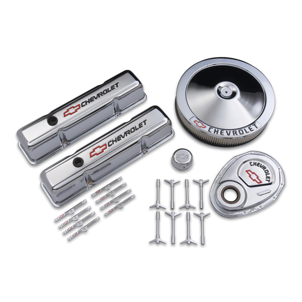 Proform 141-900 Chrome w/Red Chevy Logo for Select Chevrolet 3B, Chevrolet 3C, Chevrolet 3D, Chevrolet 3E, Chevrolet 3F, Chevrolet 3G, Chevrolet B60, Chevrolet Bel Air, Chevrolet Biscayne, Chevrolet Blazer, Chevrolet Brookwood, Chevrolet C10, Chevrolet