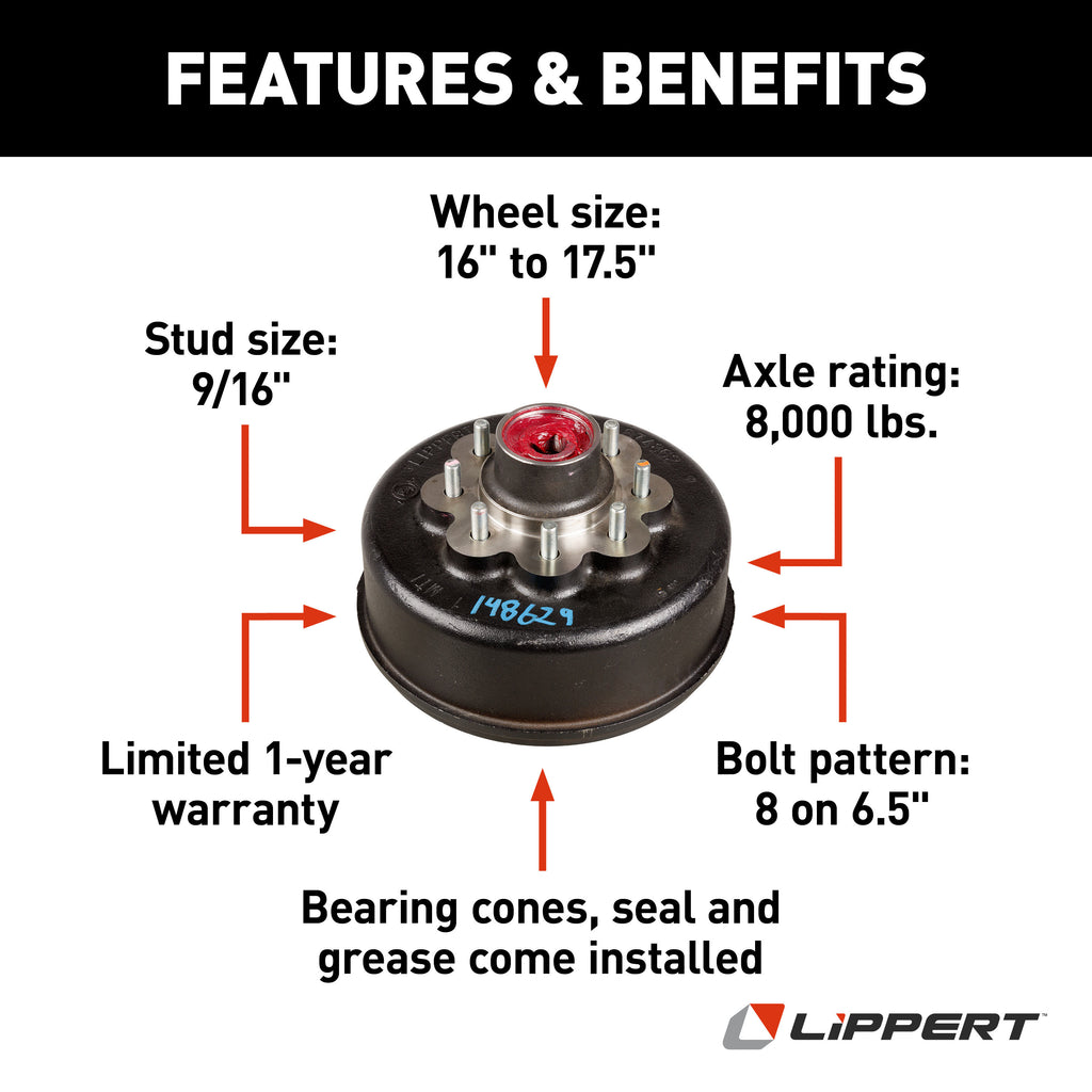 CURT 148629 12-1/4" Standard Threaded Grease Brake Hub Assembly with Installed Bearing Kit