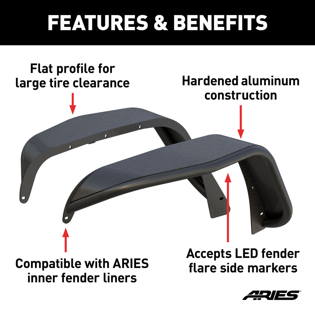 ARIES 1500201 Jeep Wrangler JK Black Aluminum Front Fender Flares for Select Jeep Wrangler