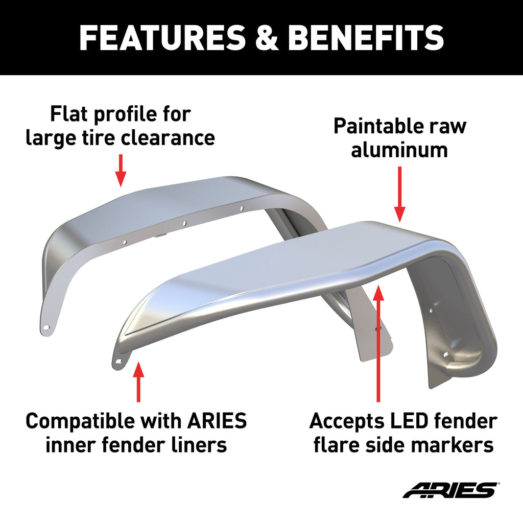 ARIES 1500202 Jeep Wrangler JK Raw Aluminum Front Fender Flares for Select Jeep Wrangler