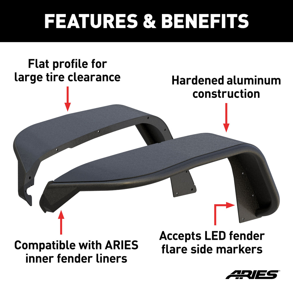ARIES 1500203 Jeep Wrangler JL Black Aluminum Front Fender Flares for Select Jeep Wrangler