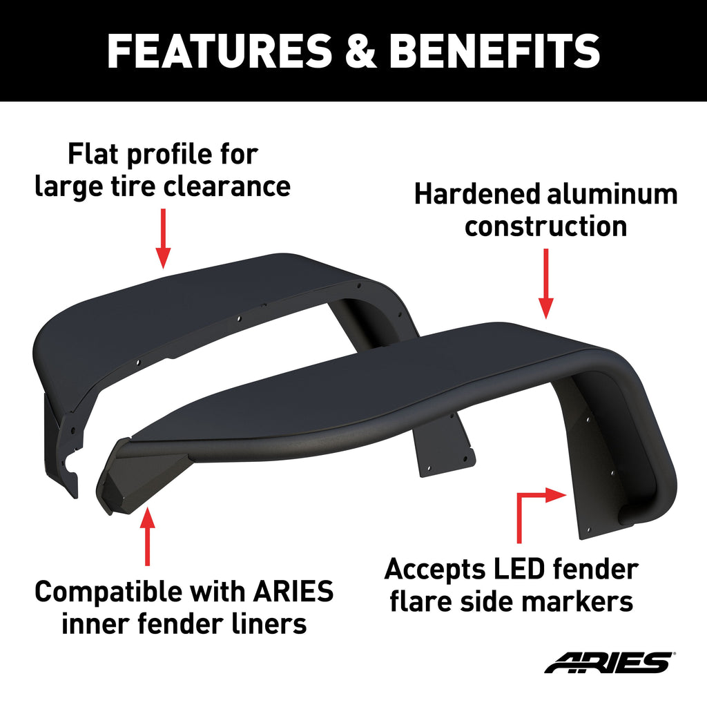 ARIES 1500213 Smooth Carbide Black Aluminum Front Jeep Gladiator JT & Wrangler JL Fender Flares for Off-Road-Style Wheels for Select Jeep Wrangler