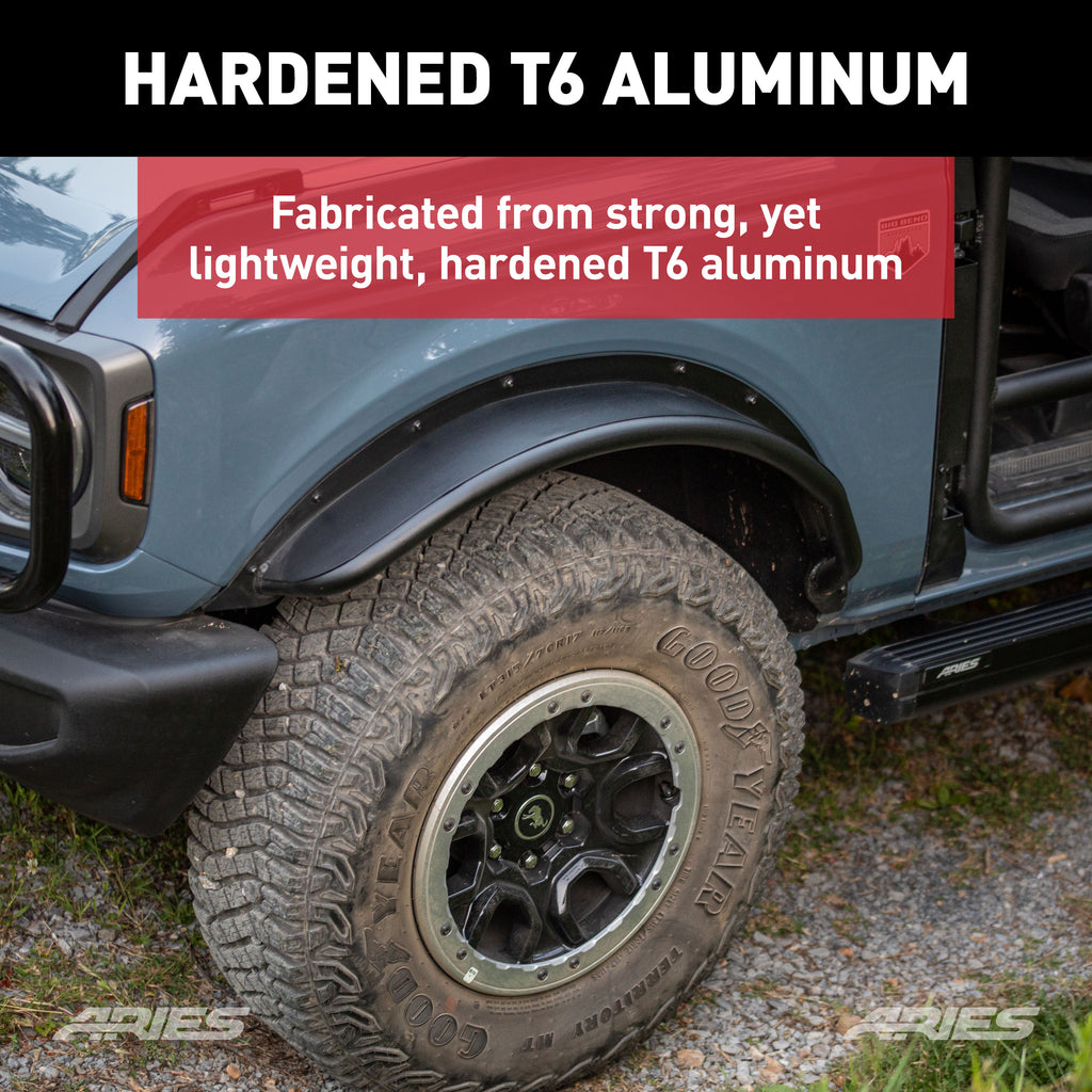 ARIES 1500302 Ford Bronco Smooth Black Aluminum Tubular-Style Front Wheel Fender Flares for 2-Door & 4-Door for Select Ford Bronco