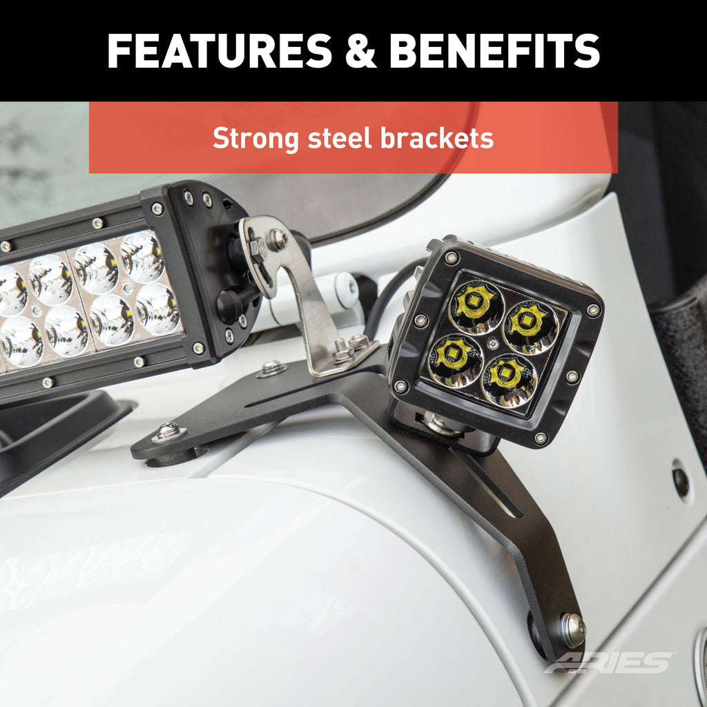 ARIES 1501305 Jeep Wrangler JL, Gladiator Windshield Lights and Brackets for Select Jeep Wrangler