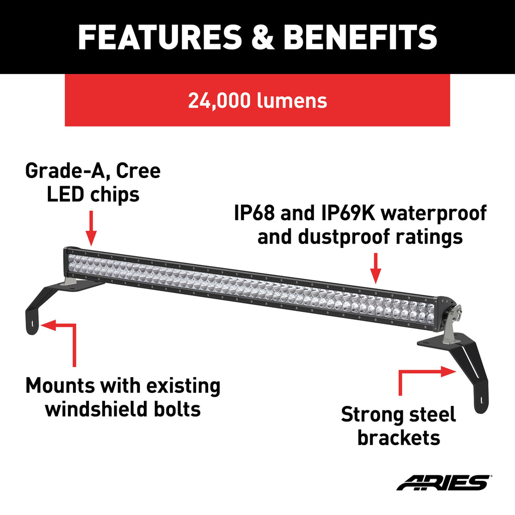 ARIES 1501306 Jeep Wrangler JL, Gladiator Windshield Light Bar and Brackets for Select Jeep Wrangler
