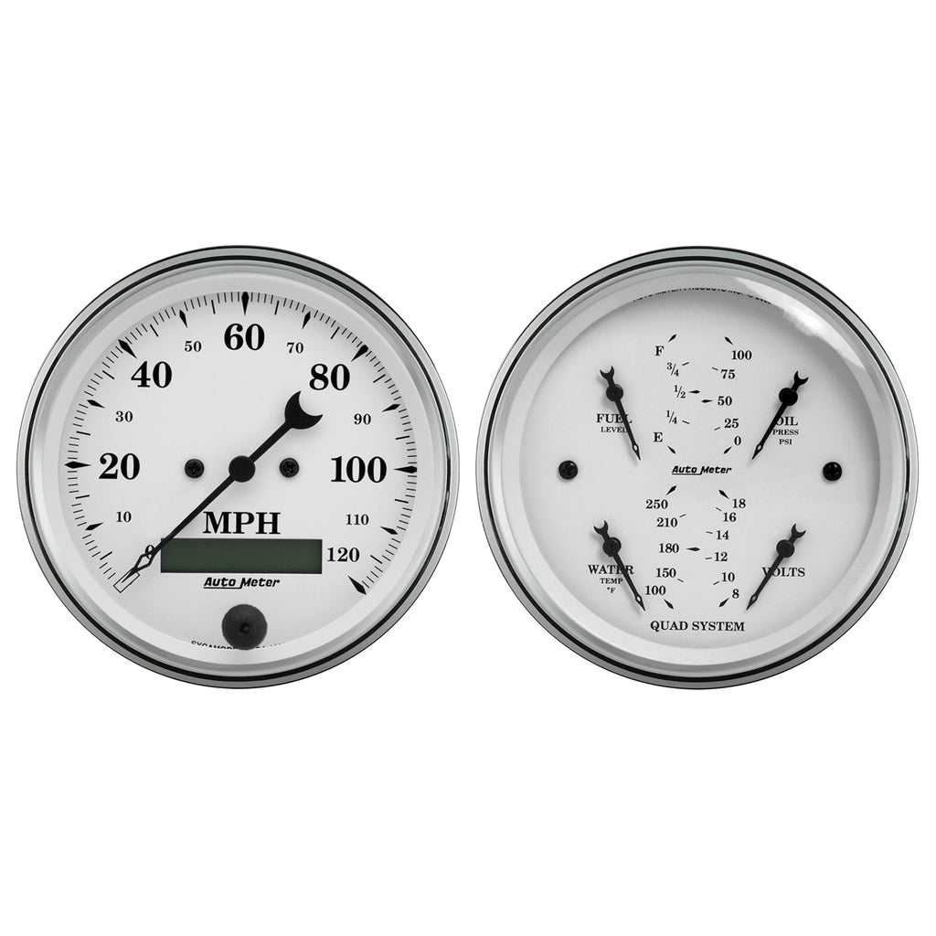 AutoMeter 1600 GAUGE KIT, 2 PC., QUAD & SPEEDOMETER, 3 3/8", OLD TYME WHITE