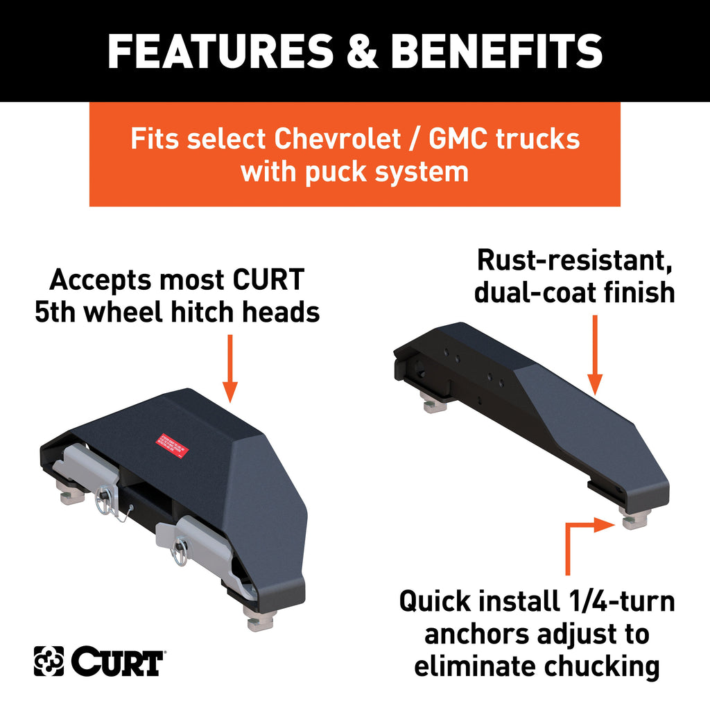 CURT 16025 Puck System 5th Wheel Legs, Select Silverado, Sierra 2500, 3500 HD, 8' Bed, 25K