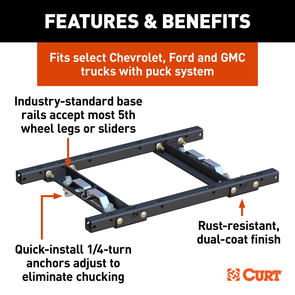 CURT 16027 Puck System 5th Wheel Adapter with Rails, Select Chevy, Ford, GMC, 25K