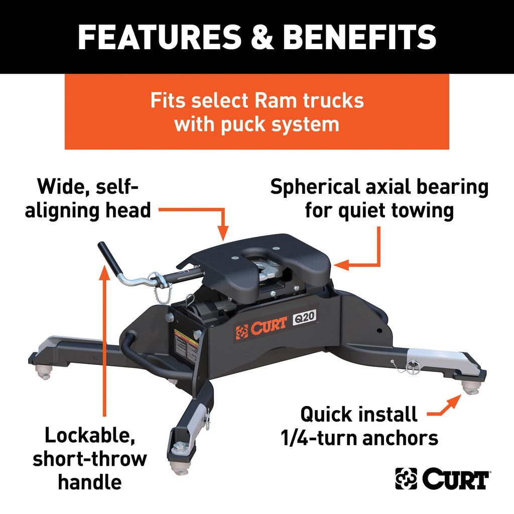 CURT 16045 Q20 5th Wheel Hitch, Select Ram 2500, 3500, 8' Bed Puck System