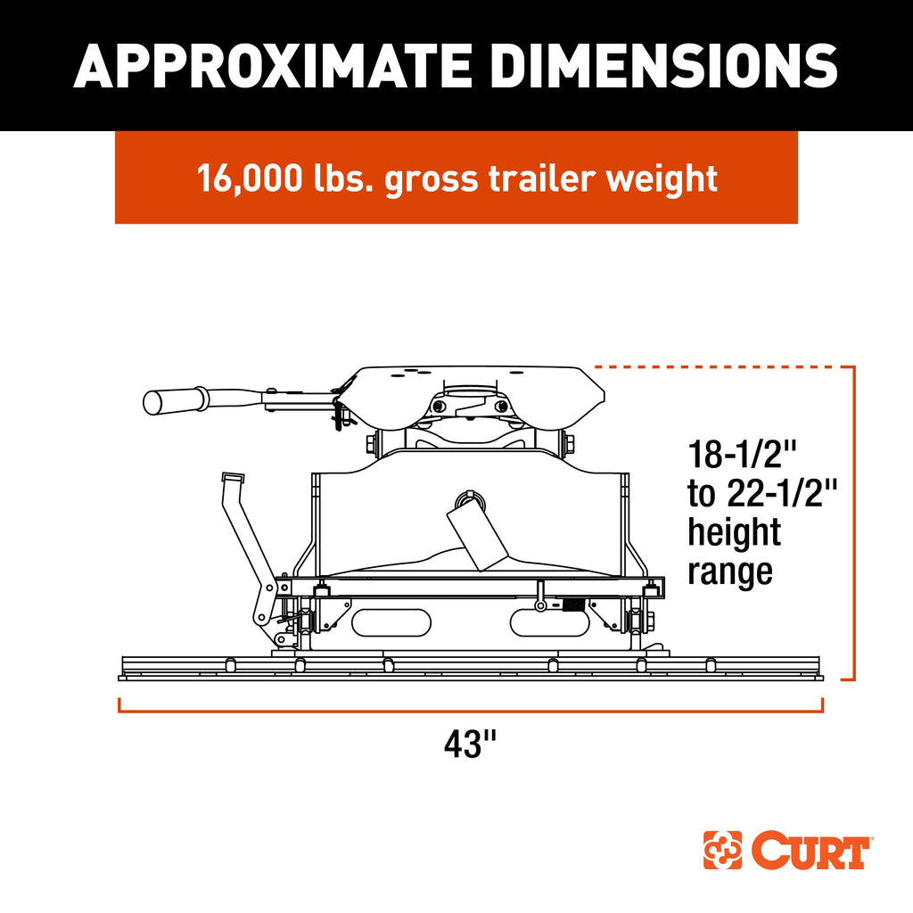 CURT 16053 A16 Sliding 5th Wheel Hitch with Rails, 16,000 lbs.