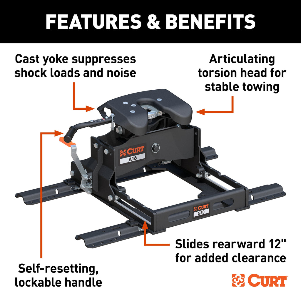 CURT 16053 A16 Sliding 5th Wheel Hitch with Rails, 16,000 lbs.