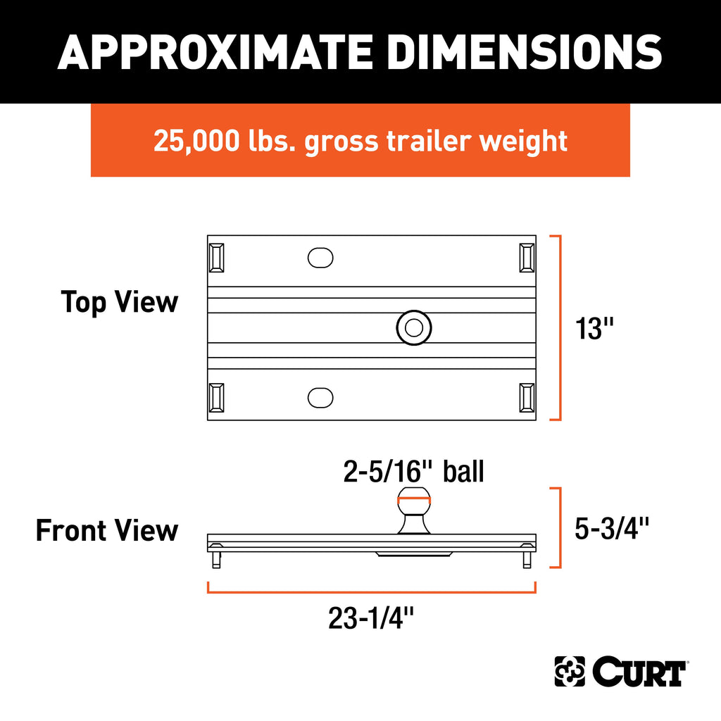 CURT 16055 Bent Plate 5th Wheel Rail Gooseneck Hitch with 2-5/16" Ball, 25K (3" Offset)