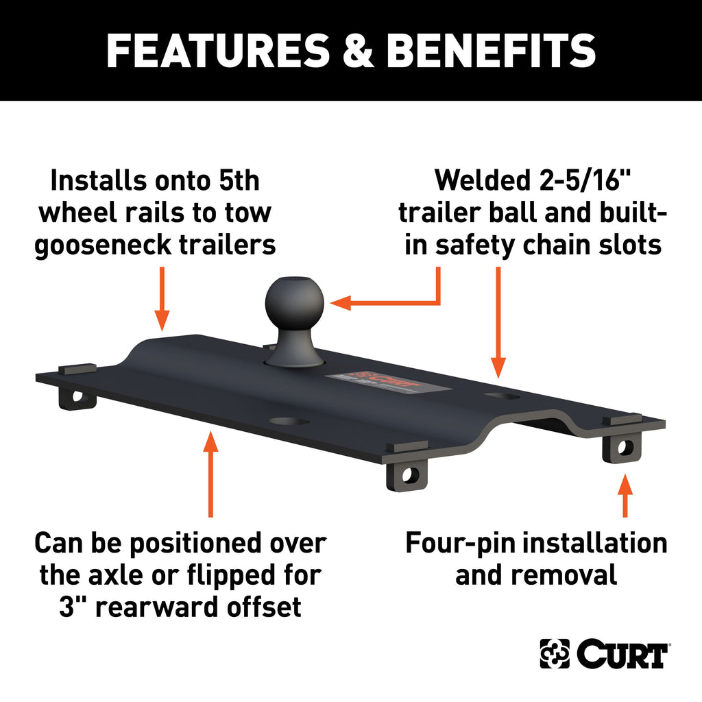 CURT 16055 Bent Plate 5th Wheel Rail Gooseneck Hitch with 2-5/16" Ball, 25K (3" Offset)