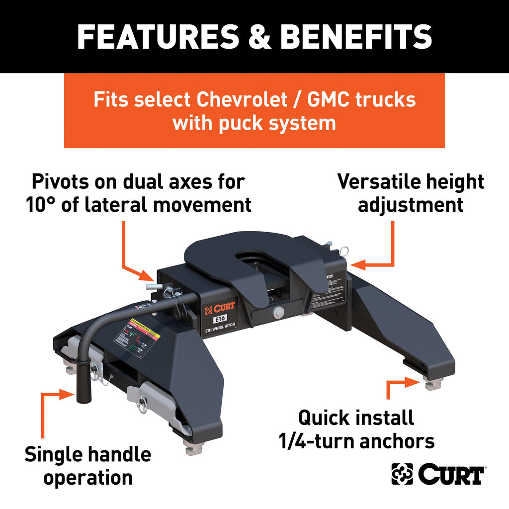 CURT 16061 E16 5th Wheel Hitch, Select Silverado, Sierra 2500, 3500 HD, 8' Bed Puck System