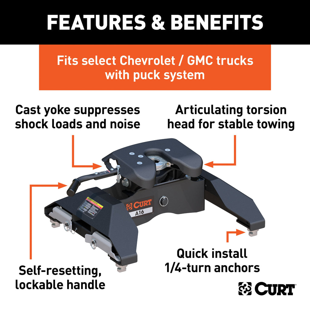 CURT 16063 A16 5th Wheel Hitch, Select Silverado, Sierra 2500, 3500 HD, 8' Bed Puck System