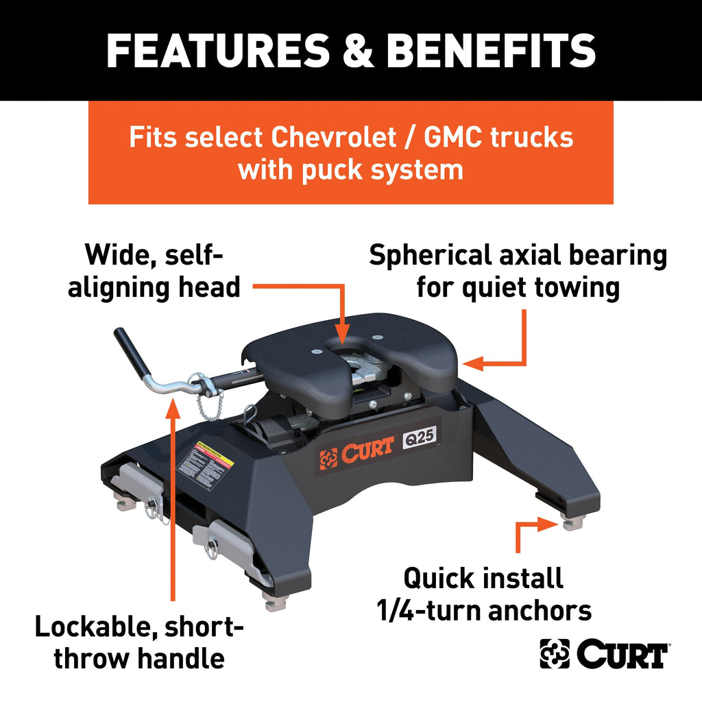 CURT 16069 Q25 5th Wheel Hitch; Select Silverado; Sierra 2500; 3500 HD; 8ft. Bed Puck Syste - Truck Part Superstore
