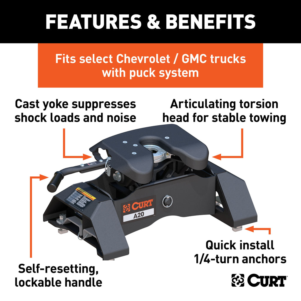 CURT 16092 A20 5th Wheel Hitch, Select Silverado, Sierra 2500, 3500 HD, 8' Bed Puck System