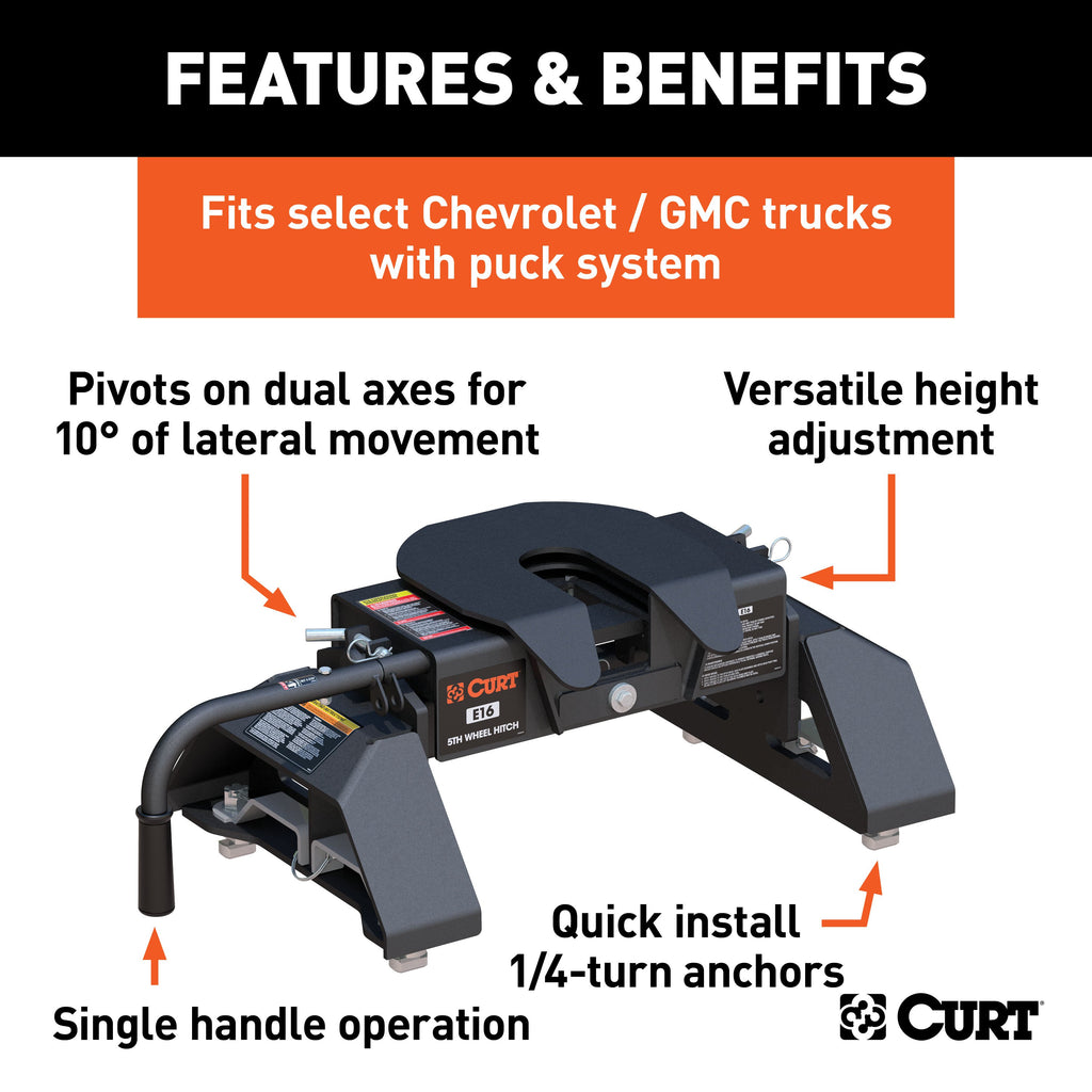 CURT 16097 E16 5th Wheel Hitch, Select Silverado, Sierra 2500, 3500 HD, 8' Bed Puck System