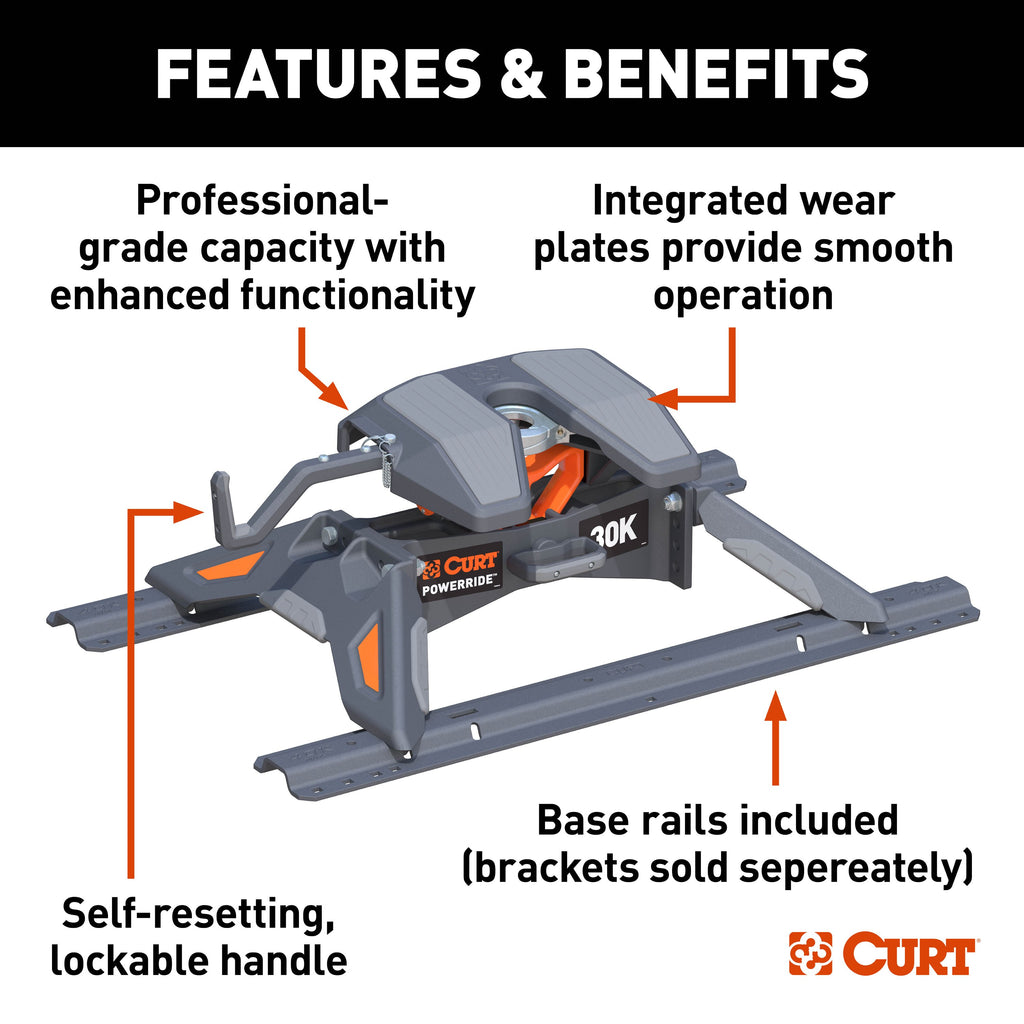 CURT 16321 PowerRide 30K 5th Wheel Hitch with Rails