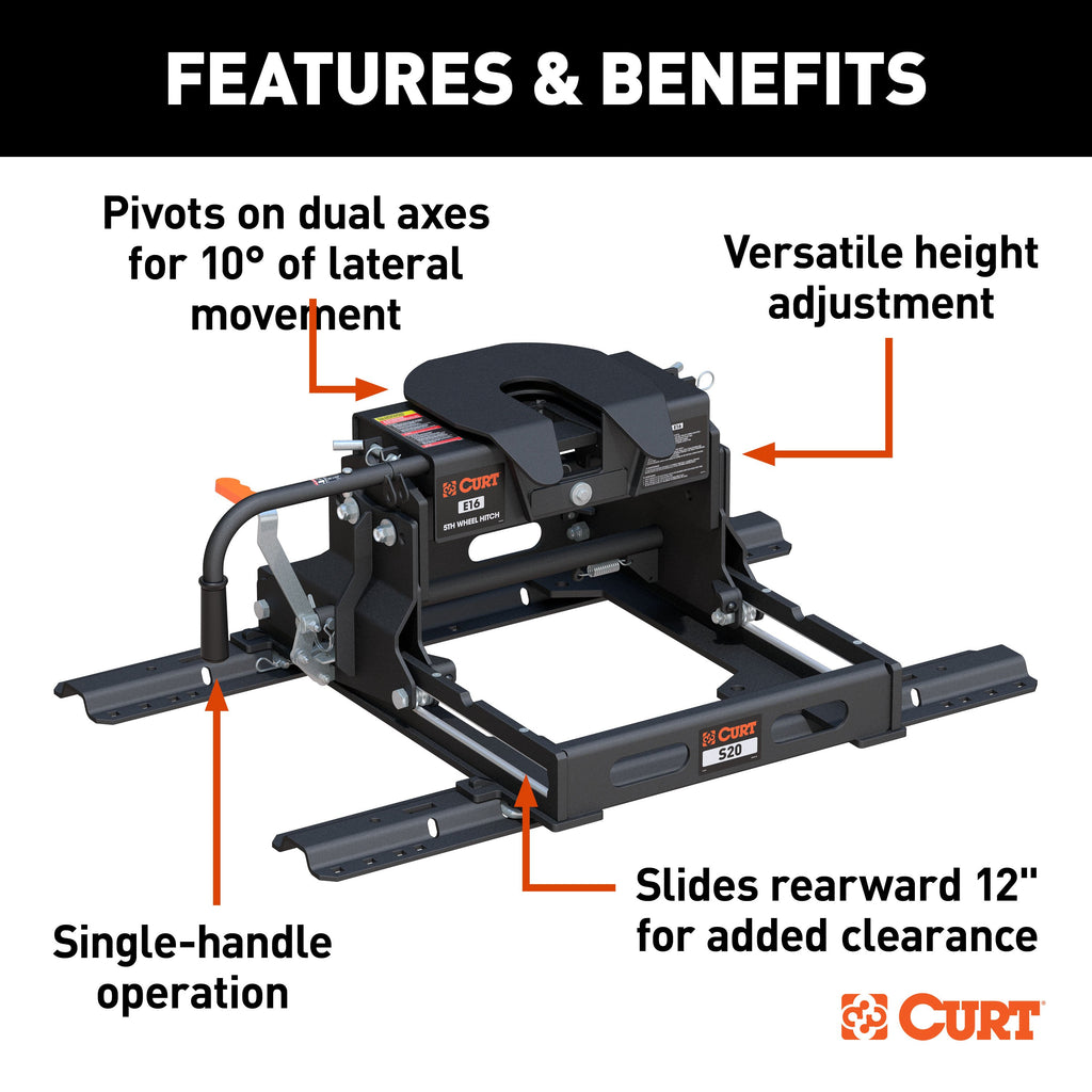 CURT 16611 E16 Sliding 5th Wheel Hitch with Rails, 16,000 lbs.