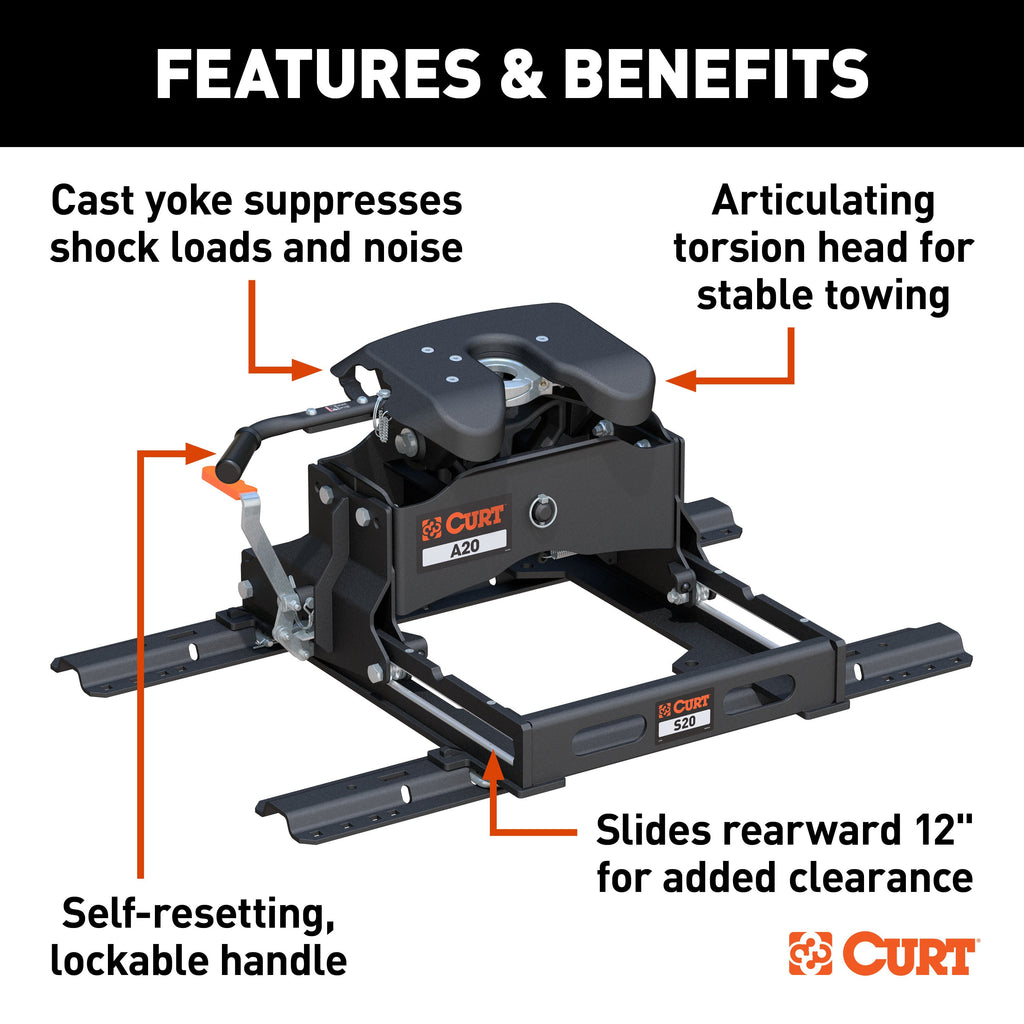 CURT 16631 A20 Sliding 5th Wheel Hitch with Rails, 20,000 lbs.