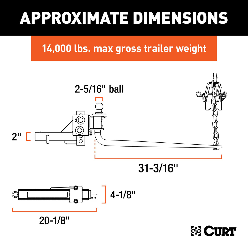 CURT 17063 Round Bar Weight Distribution Hitch with Lubrication, Sway Control (10-14K)