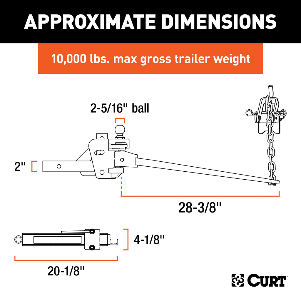 CURT 17322 Short Trunnion Bar Weight Distribution Hitch with Sway Control (8-10K, 28-3/8")