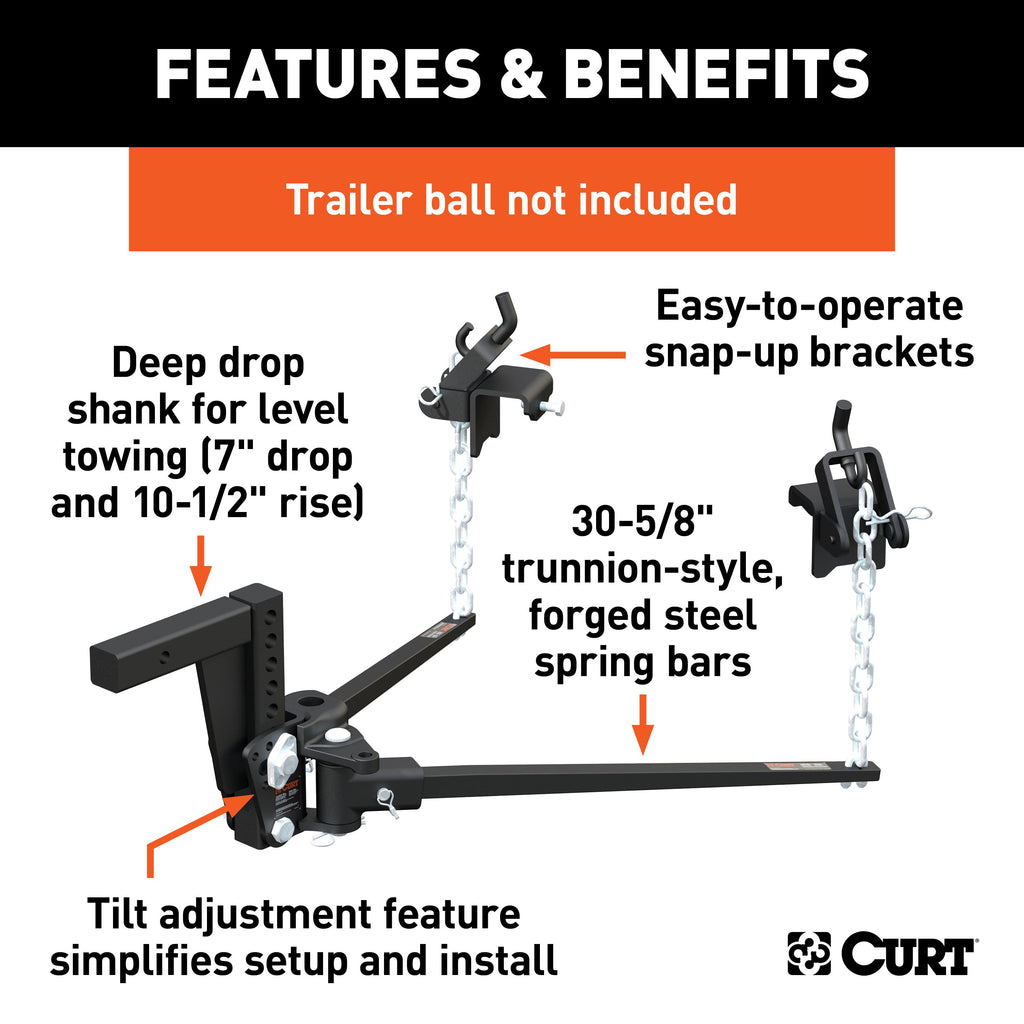 CURT 17352 Deep Drop Trunnion Bar Weight Distribution Hitch (8K - 10K lbs, 30-5/8" Bars)