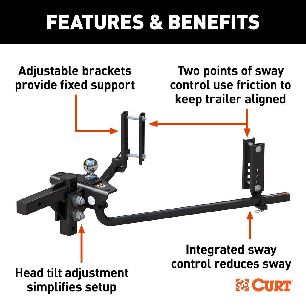 CURT 17601 TruTrack 2P Round Bar Weight Distribution Hitch with 2x Sway Control, 8-10K