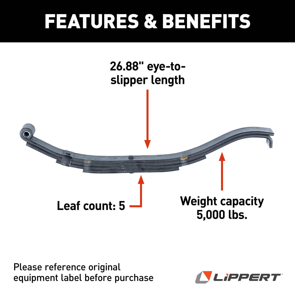 CURT 176326 Trailer Slipper Spring, 5,000-lb., 5-Leaf, 2-1/2" Wide x 30-1/2" Long Eye-to-Eye