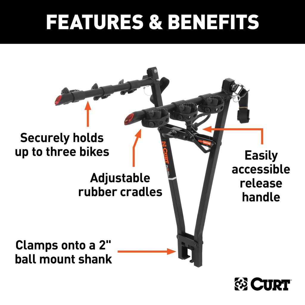 CURT 18013 Clamp-On Bike Rack (3 Bikes, Fits Over 2" Shank)