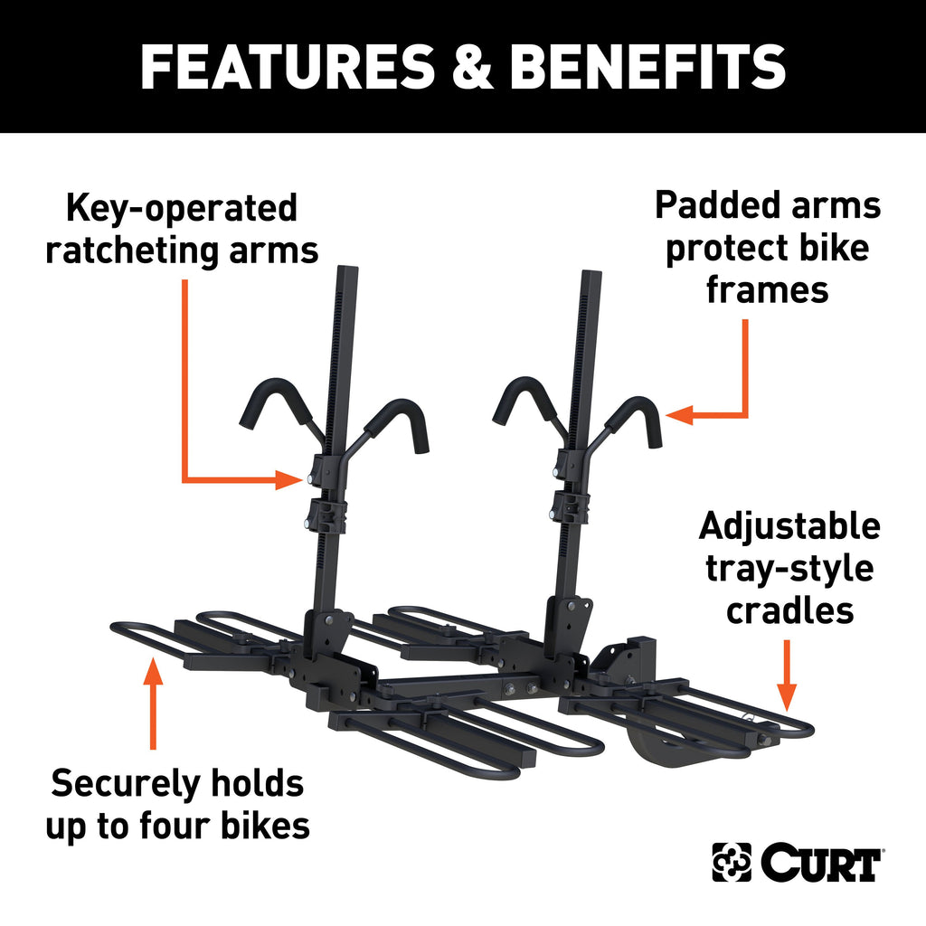 CURT 18087 Tray-Style Hitch-Mounted Bike Rack (4 Bikes, 2" Shank)